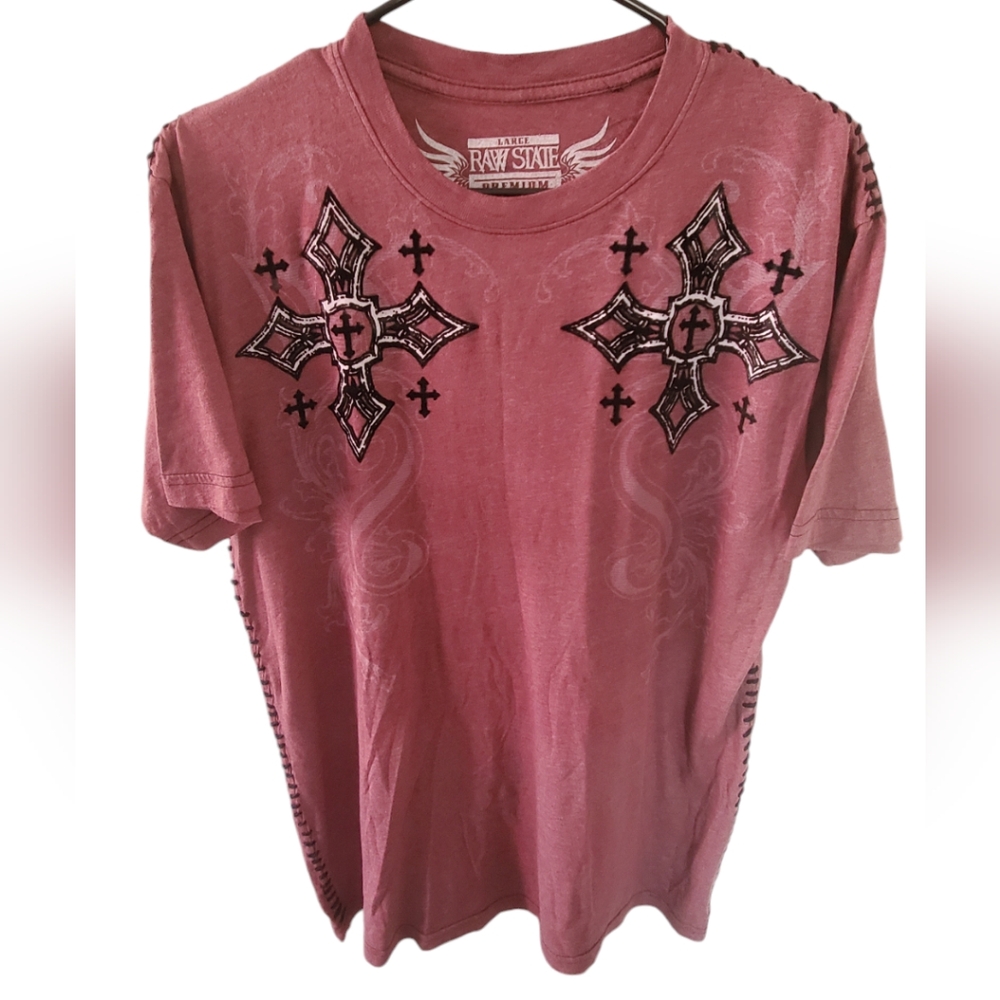 Affliction Cross and Wings Red Distressed T-Shirt, Size Large. Condition is Pre-